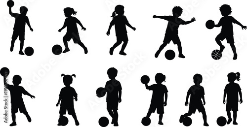 Children playing ball sports activities kicking throwing holding basketball fun motion silhouette flat vector