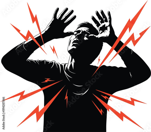 Man experiences severe headache with intense pain and discomfort symptoms