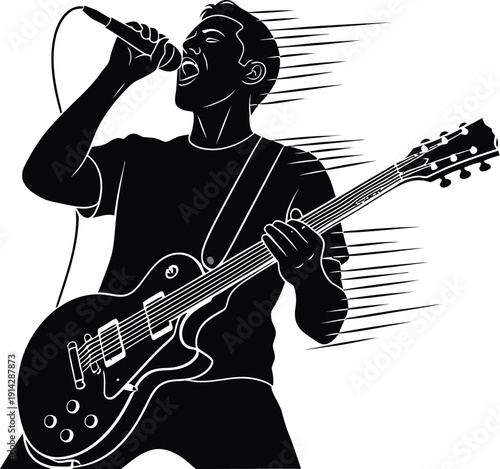 Energetic musician singing into a microphone while playing an electric guitar