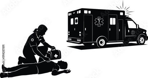 Emergency medical technician provides first aid to injured person beside ambulance