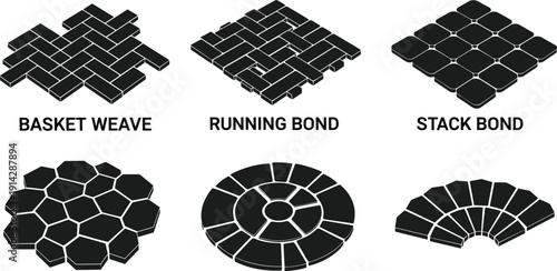 Paving patterns basket weave running bond stack bond hexagon circle fan flooring tiling masonry flat vector