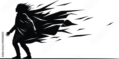Silhouetted woman in dynamic motion with flowing dress and wind swept hair blowing