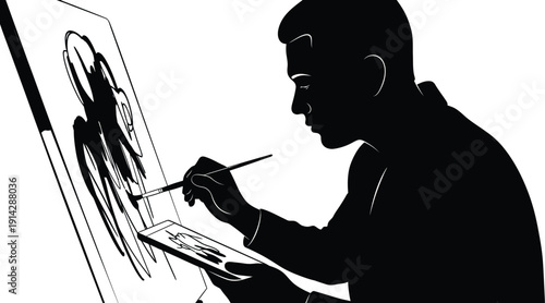 Artist intently paints a portrait on a large canvas with care