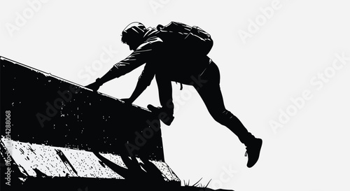 Silhouette of a person climbing onto a roof with a backpack