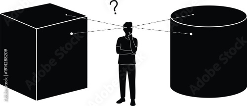Thoughtful man considering cube and cylinder shapes with questioning expression