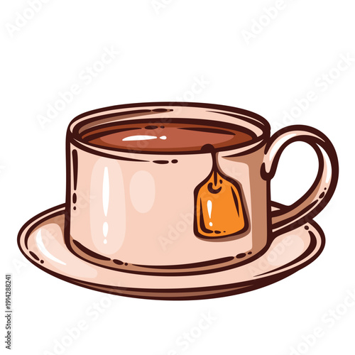 Tea cup breakfast drink for cafe menu. Hot tea beverage, teabag, morning drink, classic hot drink. Retro hand drawn line art style. Tea cup. Vector illustration.
