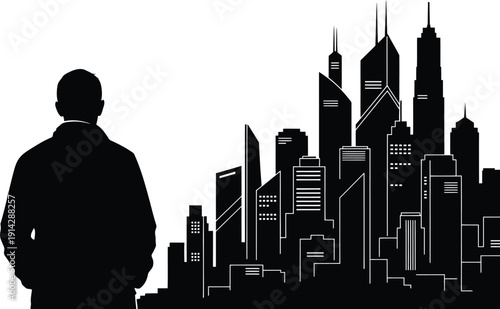 Businessman in suit gazing at modern city skyline silhouette scene