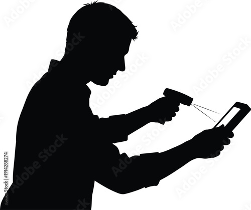 Man uses disinfectant spray to clean his smartphone thoroughly