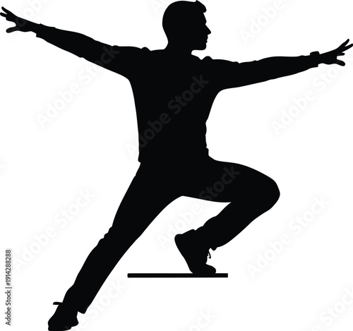 Man performing a dynamic yoga pose with extended arms and bent knees