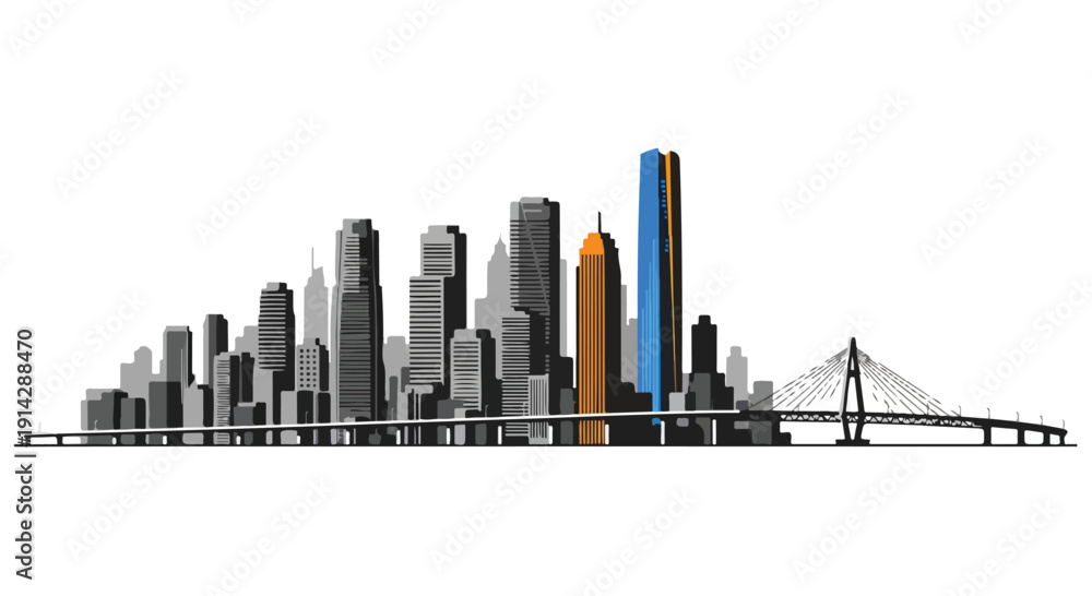 Obraz premium A simplified cityscape illustration with a mix of gray, blue, and orange skyscrapers and a bridge against a white background.