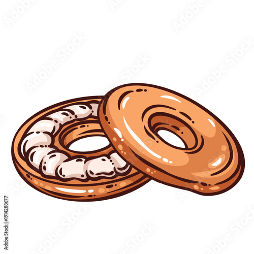 Bagel breakfast food for cafe menu. Fresh bagel bread with cream cheese filling, bakery product, classic morning food. Retro hand drawn line art style. Bagel bread. Vector illustration.