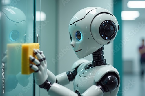 A Cheerful Young Robot Engaged in Glass Cleaning Using a Sponge.