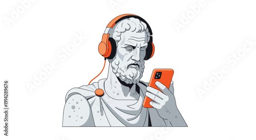 Illustration of a man in ancient attire wearing headphones and holding a smartphone with a cigarette.