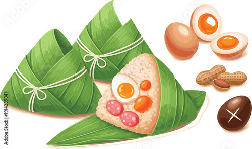 Traditional zongzi rice dumpling vector illustration wrapped in bamboo leaves with ingredients, Chinese food design for Dragon Boat Festival packaging, menus, and posters