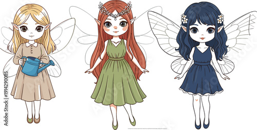Cute fairy girls vector set with fantasy winged characters in elegant dresses, magical illustration style for kids designs, storybooks, stickers, and nursery art