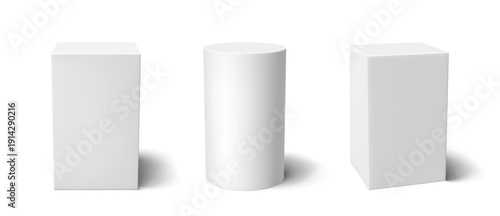 White 3D pillar podium display platform with geometric pedestal stand - realistic cube and cylinder column mockup set. Minimalist stage base for product presentation, winner award or museum exhibit