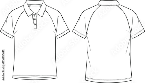 Men Classic Polo Shirt Vector Illustration with Raglan Short Sleeves and Button Placket Front and Back View Fashion Technical Sketch