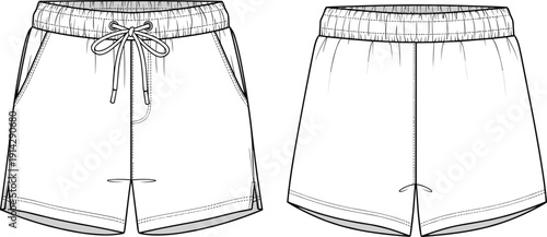 White Casual Men's Technical Drawing Shorts Illustration with Elastic Waistband and Drawstring for Fashion Design Apparel Vector Flat Sketch Template