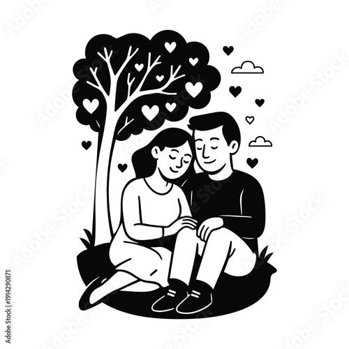 A romantic black and white illustration of a loving couple sitting together under a heart tree Vector