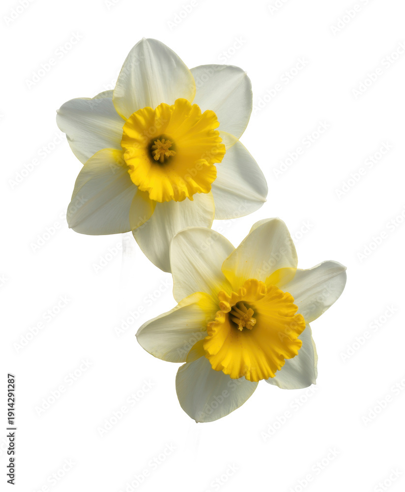Obraz premium White Daffodils with Yellow Centers white flowers green stems isolated on a transparent background