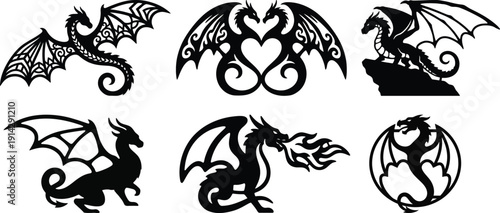 Six black silhouette designs of mythical dragons in various poses and styles for graphic art Vector