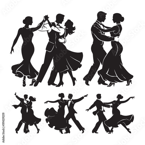 Collection of ballroom and latin dance poses, set of dancing couple silhouettes in various styles.
