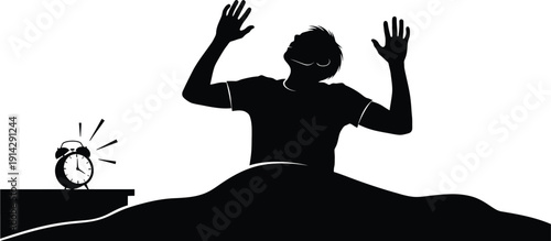 Man waking up with an alarm clock ringing loudly in the morning hours suddenly surprised