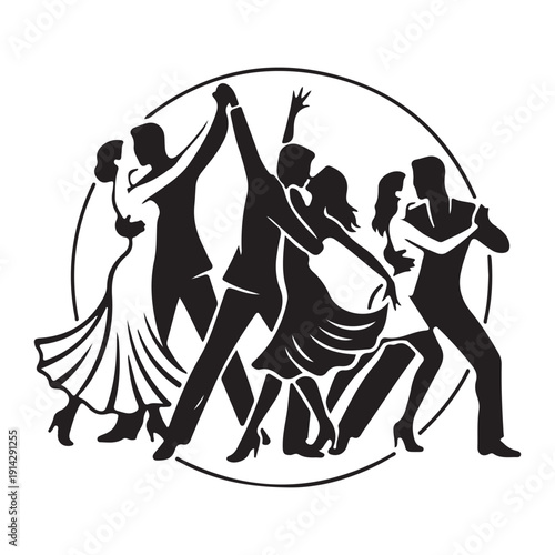 Group of couples dancing in a ballroom, silhouette illustration of salsa or tango dancers.