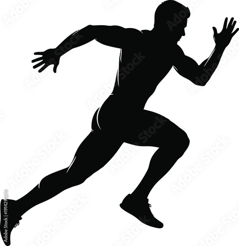 Silhouette of a male athlete running with dynamic posture and athleticism on a white background