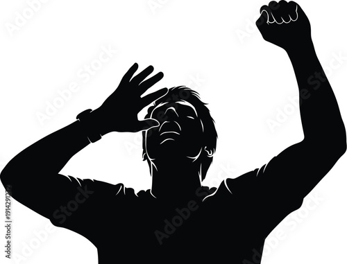 Man expressing intense emotion with raised arms and clenched fist in a dramatic silhouette pose