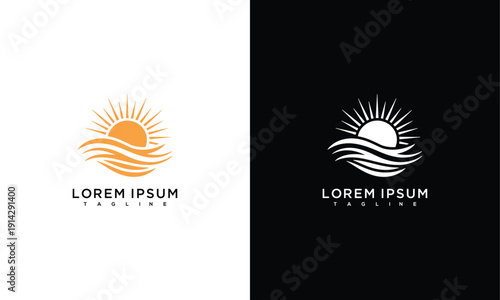 Sun and Waves Logo Design - Modern Ocean Sunrise Sunset Icon for Travel Beach Resort Branding.