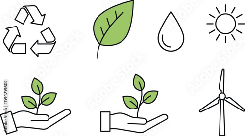 Collection of essential line icons representing environmental protection concepts including recycling water energy and sustainable plant growth management symbols