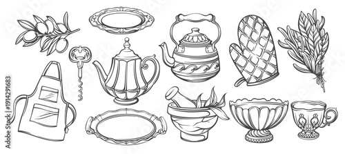 Vintage kitchen set with teapots, kettle, cup, bowl, plates, herbs, olive branch, oven mitt, apron and mortar with pestle. Classic household objects in engraved outline style. Vector illustration