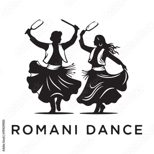 Romani traditional folk dance silhouette of a man and woman with props, ethnic culture illustration.