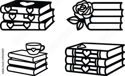 Four different black and white illustrations showing stacks of books with hearts, roses, and a teacup Vector