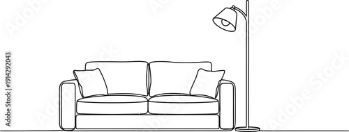 Minimalist continuous line drawing depicting a comfortable modern sofa with two accent pillows positioned next to a stylish arc floor lamp illustrating simple home decor.