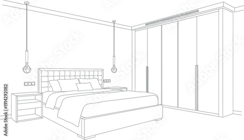 Minimalist line art drawing depicting a contemporary bedroom interior featuring a large tufted headboard bed nightstands and modern hanging pendant lights alongside a built-in wardrobe.