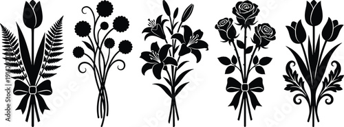 Black floral bouquet silhouette set with tulips lilies and roses, decorative botanical flower arrangements isolated on white background