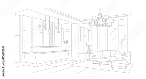 Minimalist black and white line art sketch showcasing a contemporary hotel lobby reception area featuring a comfortable seating arrangement and modern lighting fixtures.