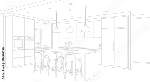 Contemporary open concept kitchen layout blueprint showcasing modern cabinetry integrated appliances a large central island with bar seating and stylish pendant lighting fixtures