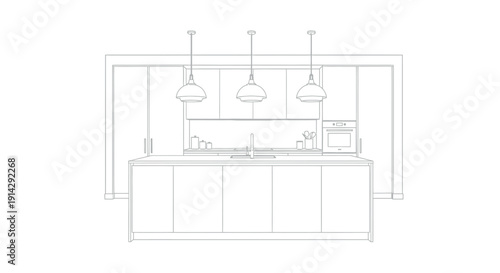 Minimalist line art drawing of a modern kitchen interior featuring a central island sink and three hanging pendant lights above the counter.