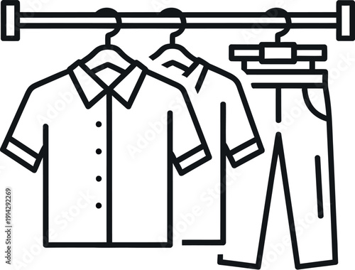Simple black and white outline icon depicting multiple pieces of clean apparel including button-down shirts and trousers hanging neatly on a clothing rack or rod for storage purposes.