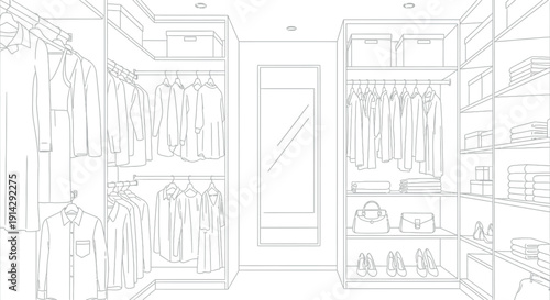 Detailed black and white line art illustration depicting an organized walk in closet system featuring hanging garments folded textiles shoes and handbag storage solutions for interior design concept.