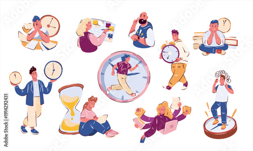 Time management stress cartoon vector illustration set with people, clocks, planners, paperwork, deadlines, anxiety reactions, burnout moments, multitasking scenes, modern daily work pressure.