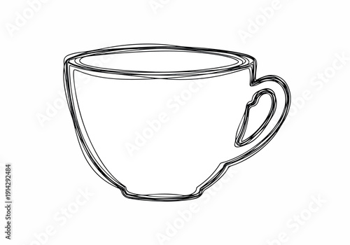 Simple outline drawing of a cup with a handle on a white background, artistic sketch representing a beverage container