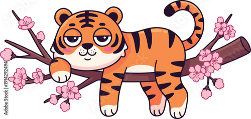 Cute Tiger Cartoon Character Sleeping on a Tree Branch with Pink Cherry Blossoms for Lunar New Year and Wildlife Nature Vector Designs