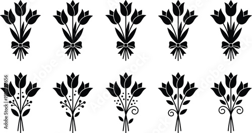Black tulip bouquet silhouette set, decorative floral arrangement icons with ribbon bow isolated on white background