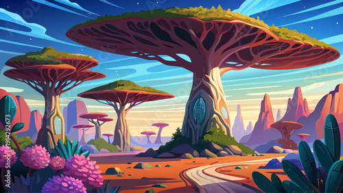 Very beautiful alien-like scenery of Socotra Island, with dragon blood trees rising above rocky plateaus under crystal skies in a remote Arabian Sea setting.