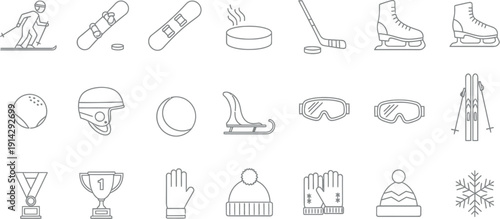 Collection of black line art icons representing various winter sports equipment apparel awards and seasonal elements for outdoor activity design projects