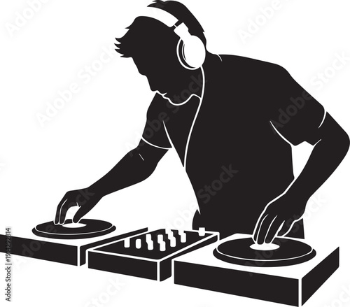 Black and white silhouette of a D J wearing headphones and operating turntables music